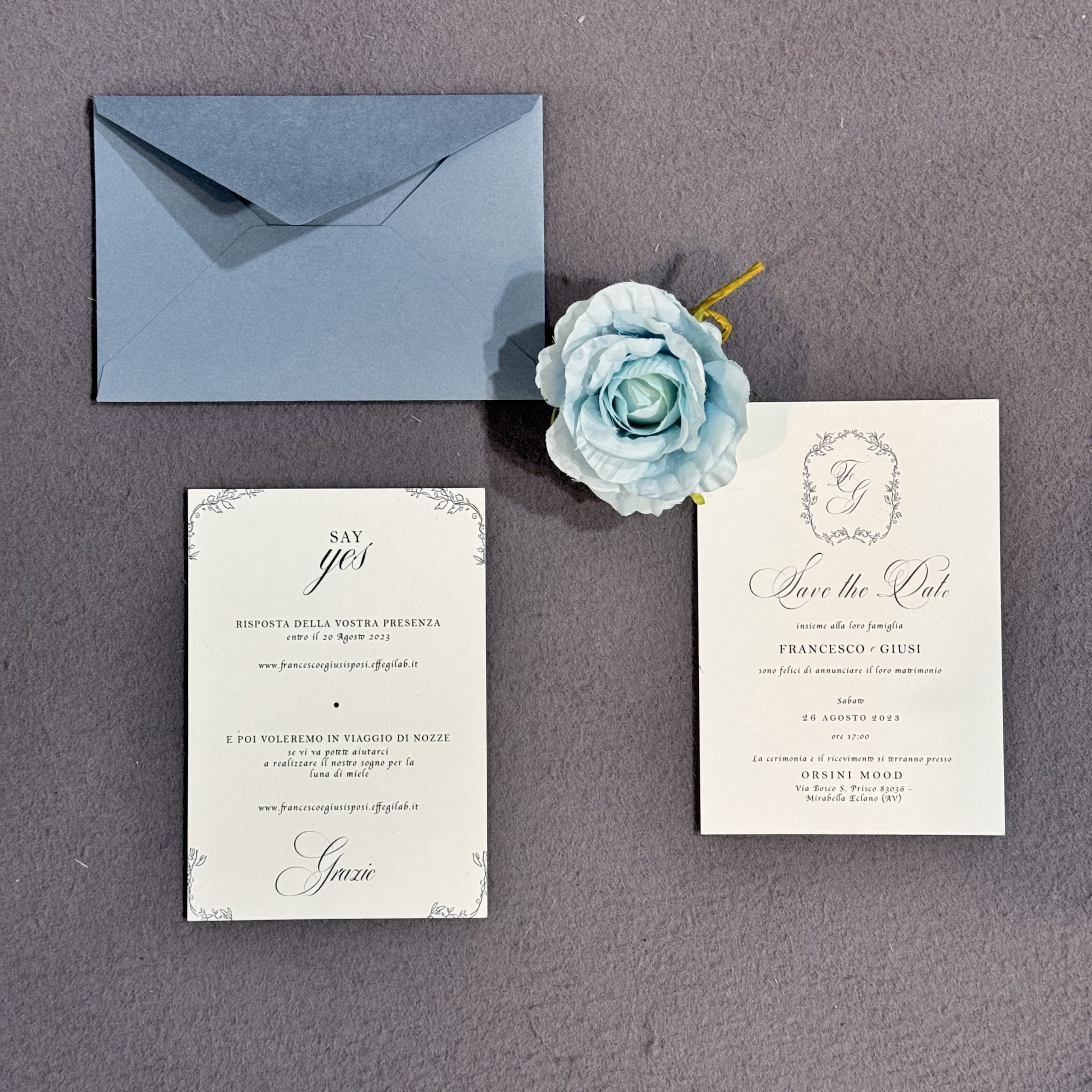 Partecipazione Matrimonio "Say Yes" Soft Blue in Carta Amalfi — partecipazione di matrimonio personalizzata Effegi Lab