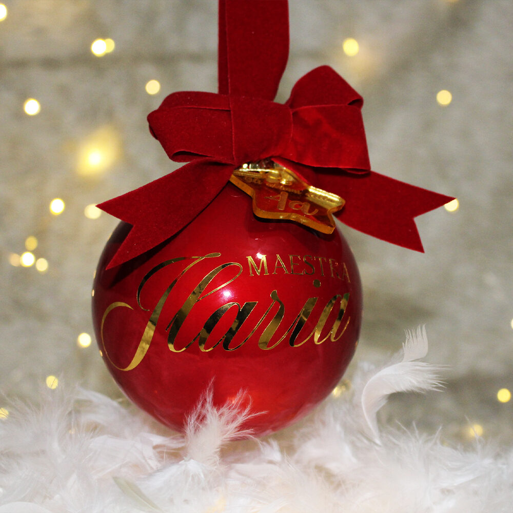 Grazie Maestra — pallina di Natale personalizzata in vetro 10 cm, Rosso lucido