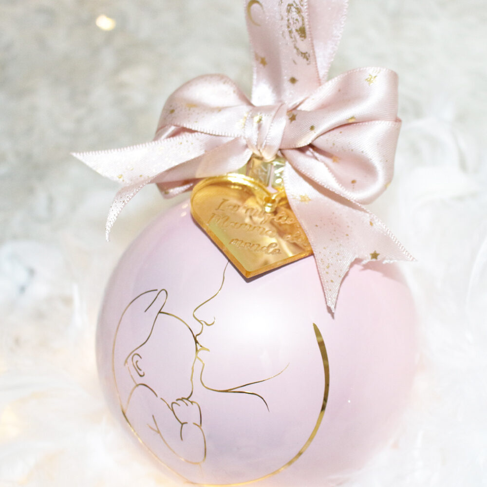Mom is my Life — pallina di Natale personalizzata in vetro 10 cm, Rosa cipria perlato
