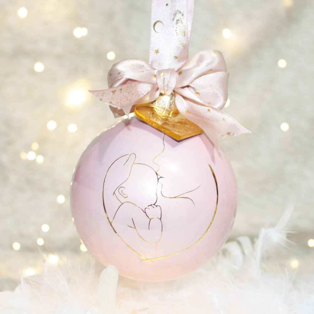 Mom is my Life — pallina di Natale personalizzata in vetro 10 cm, Rosa cipria perlato