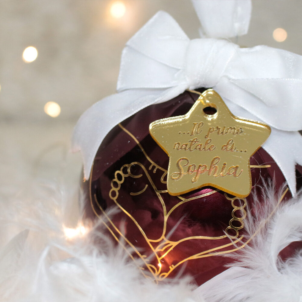 Il Primo Natale di… — pallina di Natale personalizzata in vetro 10 cm, Bordeaux lucido