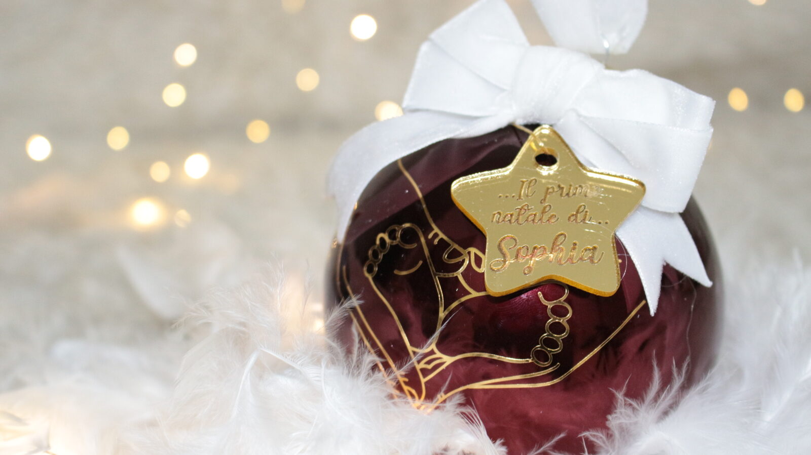 Il Primo Natale di… — pallina di Natale personalizzata in vetro 10 cm, Bordeaux lucido
