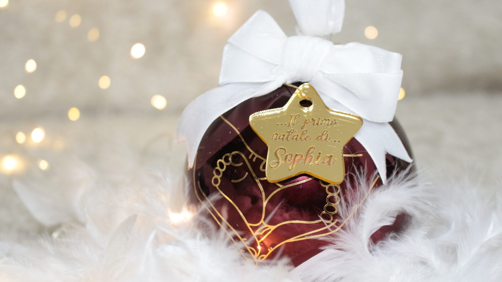 Il Primo Natale di… — pallina di Natale personalizzata in vetro 10 cm, Bordeaux lucido