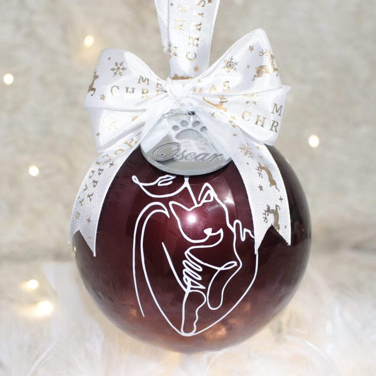 La Tua Zampa — Gatto — pallina di Natale personalizzata in vetro 10 cm, Bordeaux lucido